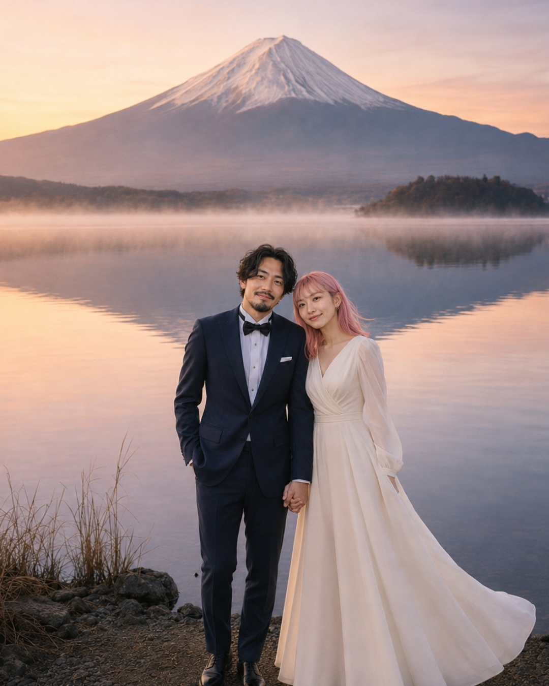 富士山と湖の夜明けを背景にしたAI前撮り作例