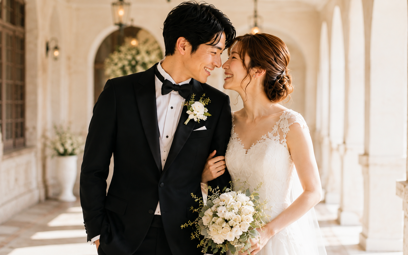 結婚式を楽しむ新郎新婦