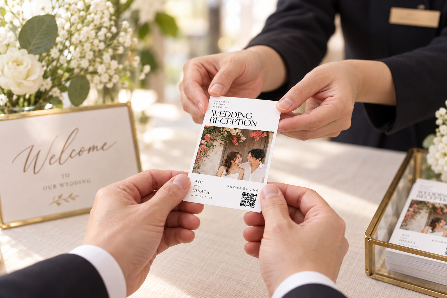 結婚式の受付で写真入りのQRコードカードを受け取るシーン